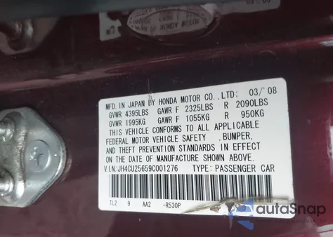 2009 Acura Tsx из США, поврежденный, VIN JH4CU25659C001276